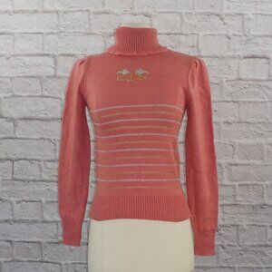 Vintage 70s Floral Metallic Stripe Knit Ruffle Turtleneck Puffed Sleeve Sweater